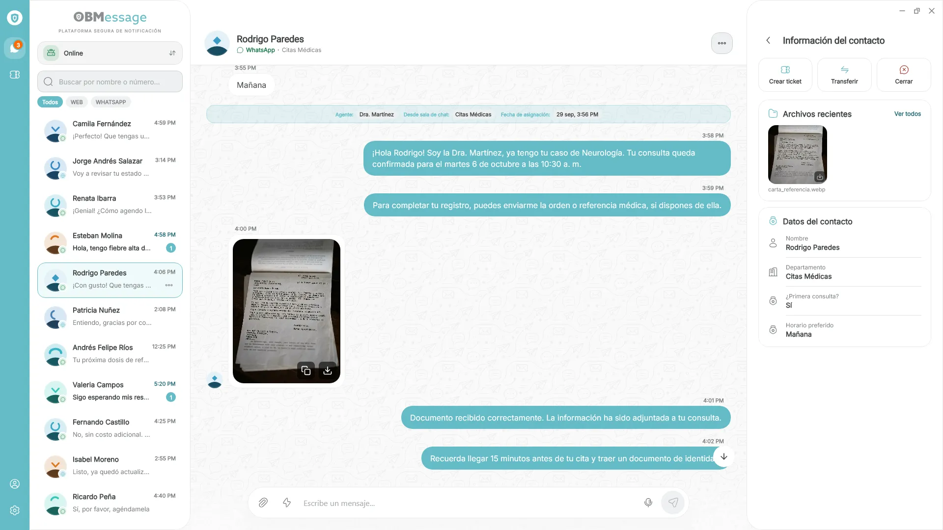 Vista previa de la plataforma OBMessage - Centro de conversaciones